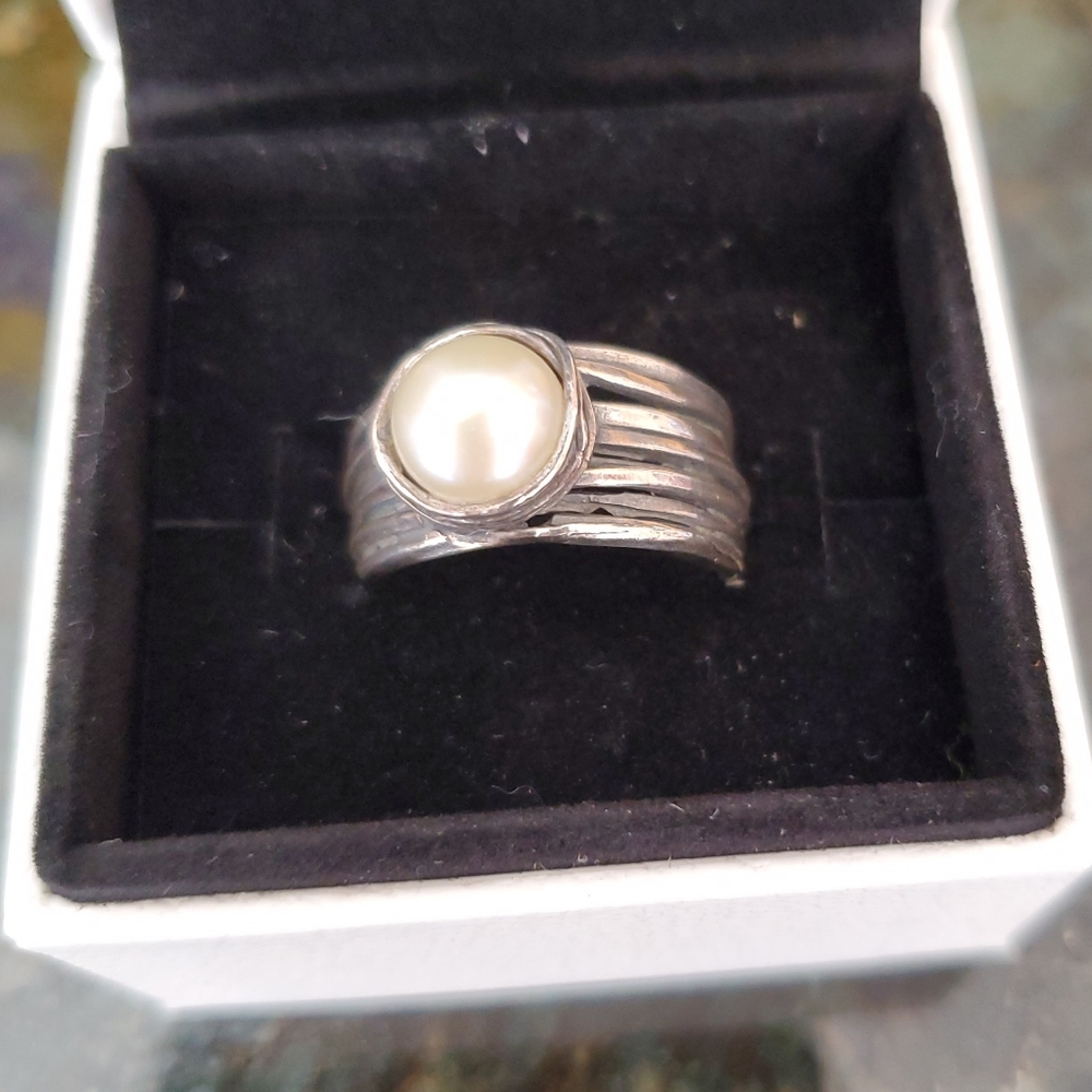 Sterling Silver,  faux pearl ring, size 8